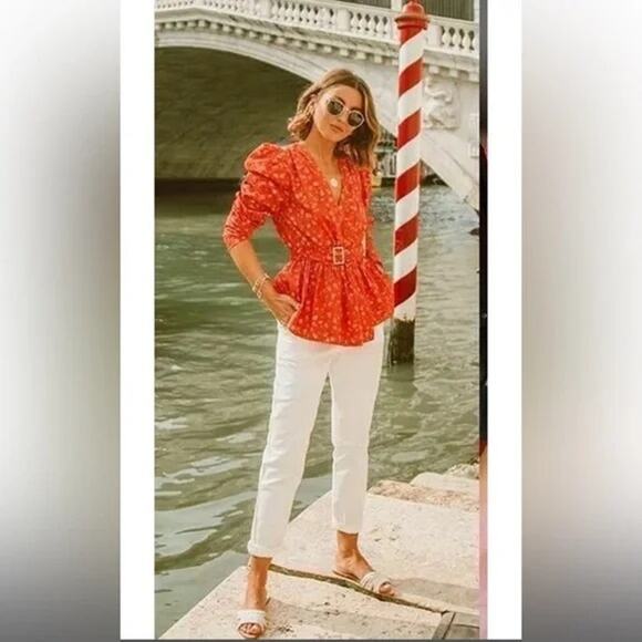 ZARA Red Floral Print Top Blouse With Belt Puff Shoulder Size XL - Picture 2 of 13